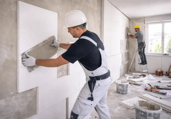 Operai applicano pannelli isolanti per creare un cappotto energetico, migliorando l'efficienza termica dell'edificio.