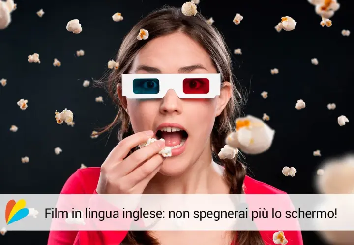 Ragazza con occhiali 3D mangia popcorn, immersa in un film in lingua inglese. Imparare l'inglese non è mai stato così divertente!