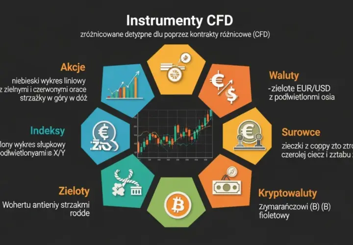 Instrumenty CFD, które z instrumentów finansowych korzysta z dźwigni finansowej: akcje, waluty, surowce, kryptowaluty, indeksy, zieloty.