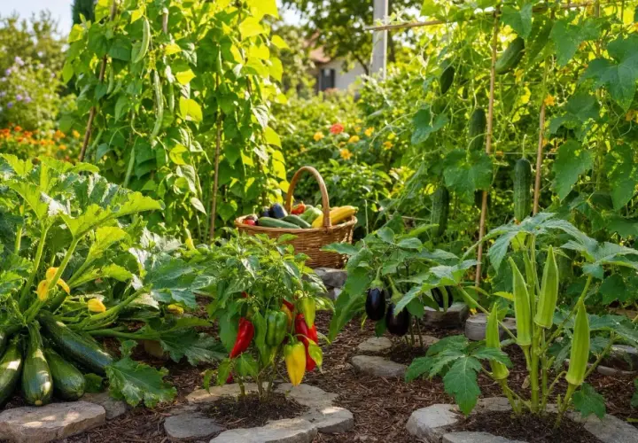 Un potager luxuriant avec courgettes, poivrons, aubergines et concombres. Idéal pour savoir quoi planter en juillet et profiter d'une récolte abondante.