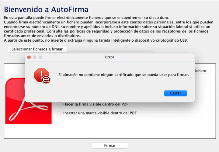 Error en AutoFirma: El almacén no contiene certificados para firmar.