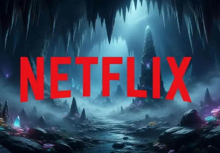 Ciemna, mistyczna jaskinia z kryształami i mgłą. Czerwony napis Netflix zaprasza do świata mega wciągających filmów.