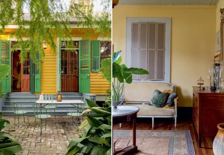 Vibrant yellow exterior with green shutters, a charming patio, and a cozy interior showcasing classic New Orleans interior design style.