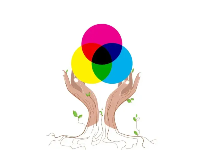 Dłonie jak drzewo podtrzymują koło barw. Symbolizuje to jedność i harmonię, jak w zespole muzycznym Rainbow.