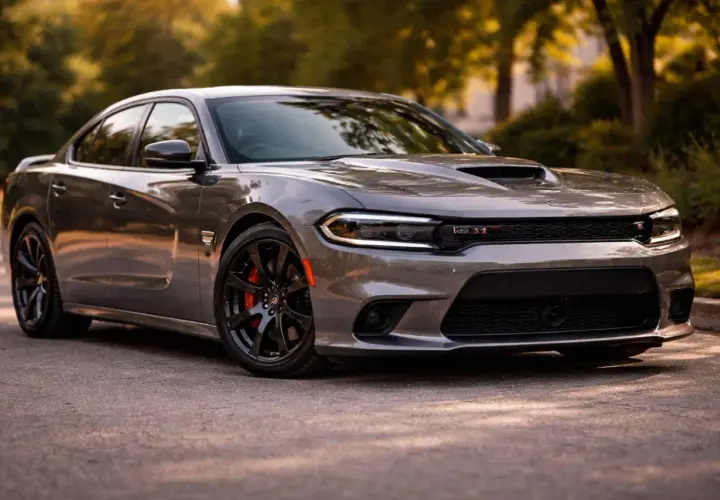 Szary Dodge Charger z mocnym silnikiem hemi, z czarnymi felgami i czerwonymi zaciskami hamulcowymi, zaparkowany na tle drzew.
