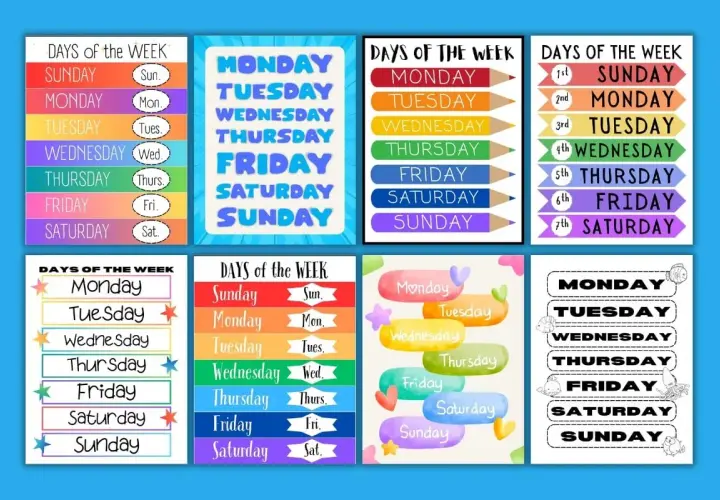 Vari schemi colorati per imparare i giorni della settimana in inglese da stampare, perfetti per bambini.