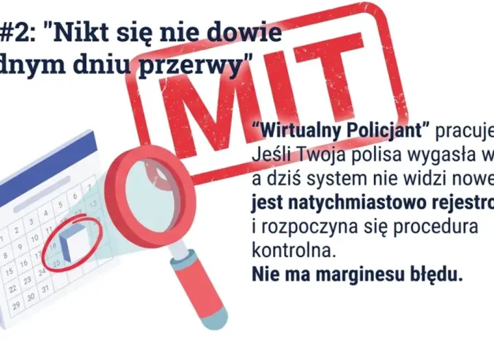 Kalendarz z zaznaczonym dniem i lupą. "Wirtualny Policjant" działa 24/7. Brak OC przez jeden dzień to natychmiastowa kontrola i kara.