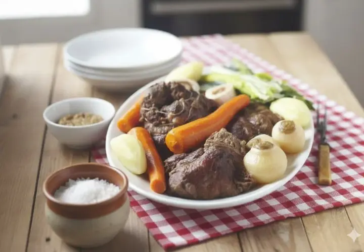Un plat généreux de pot-au-feu, avec viande, carottes, navets et poireaux, servi avec moutarde et gros sel. Un délice réconfortant, parfait avec un verre de vin blanc.