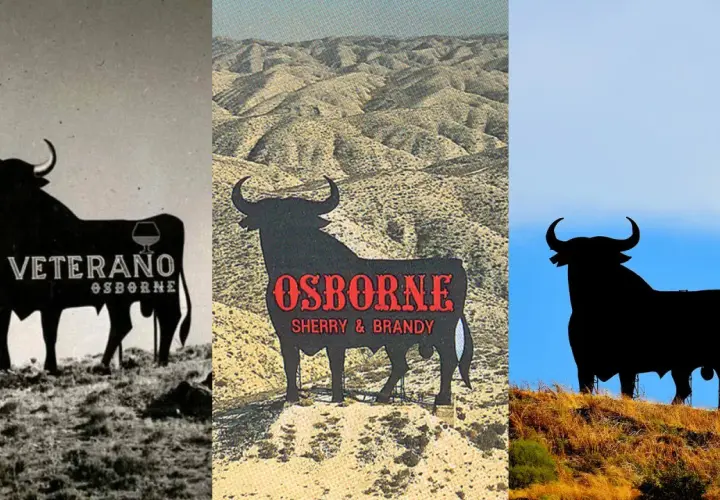 Siluetas de toros antiguos de Osborne, icónicos símbolos españoles, en diferentes paisajes.