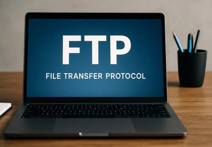Laptop muestra "FTP FILE TRANSFER PROTOCOL". Entiende qué es FTP para transferir archivos.
