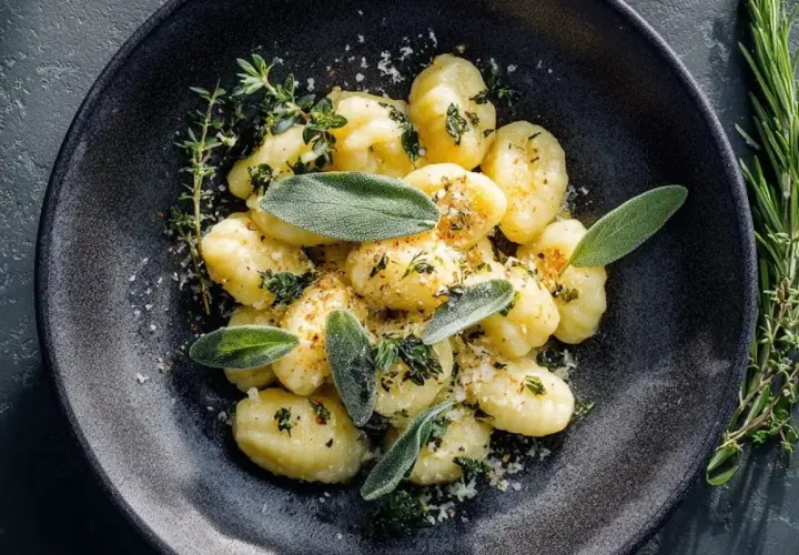 Salbei Gnocchi mit frischen Kräutern und Parmesan bestreut, serviert auf einem dunklen Teller.