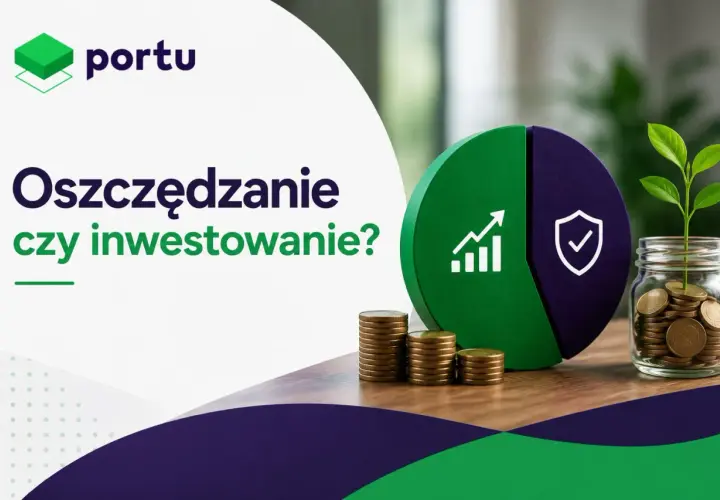 Oszczędzanie czy inwestowanie? Grafika z monetami, rosnącą rośliną i symbolem wzrostu vs. tarcza. Wybierz mądrze swoją ścieżkę finansową.