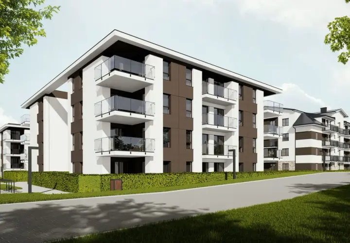 Nowoczesne apartamentowce z balkonami, otoczone zielenią. Wyobraź sobie, że mieszkasz w tej spokojnej, koncertowej dolinie.