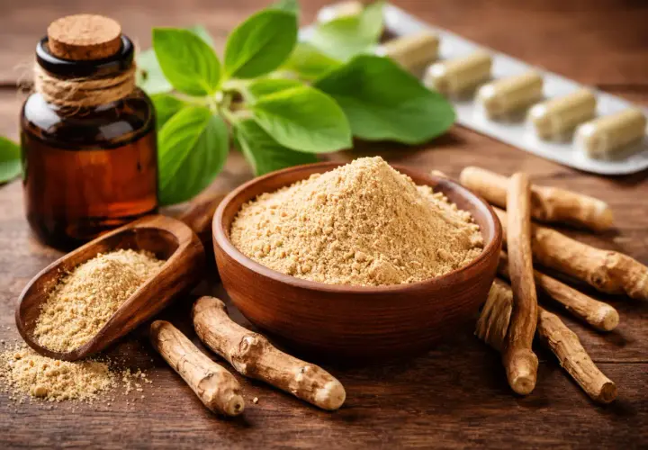 Radici, polvere e olio di ashwagandha, con foglie verdi e capsule in blister, su un tavolo di legno.