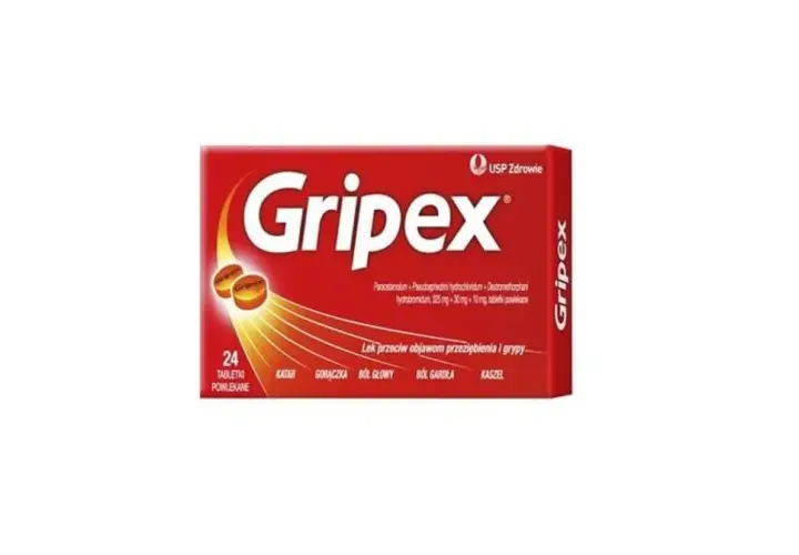 Opakowanie leku Gripex na przeziębienie i grypę, z widocznymi tabletkami i objawami choroby.