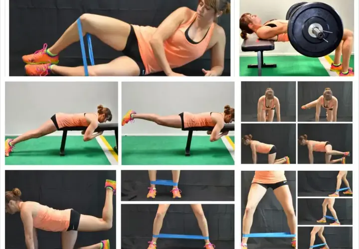Kobieta wykonuje ćwiczenia na pośladki i nogi, w tym hip thrust ze sztangą, ćwiczenia z gumą oporową i na ławce.