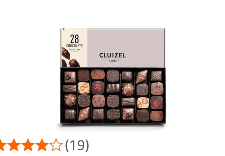 Boîte de 28 chocolats Cluizel, noir et lait. Un aperçu de la qualité qui justifie les avis positifs.