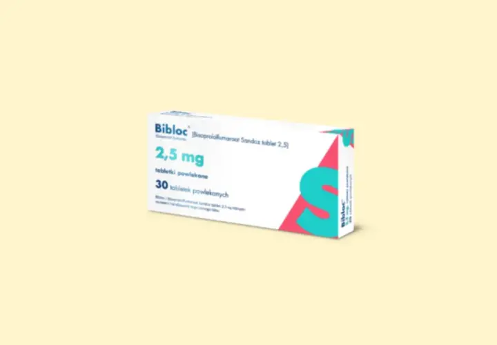Opakowanie leku Bibloc 2,5 mg, zawierające 30 tabletek powlekanych. Stosowany na nadciśnienie i inne schorzenia serca.