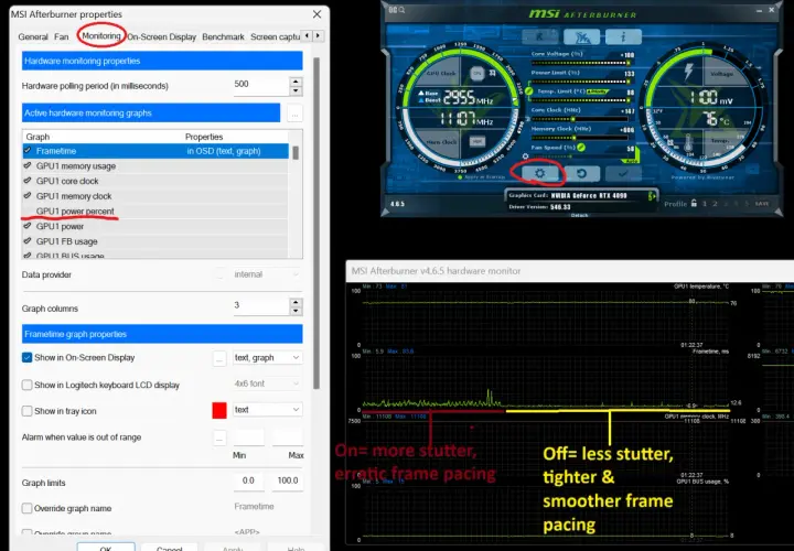 MSI Afterburner Overlay: GPU1 power percent ist aktiviert. Links die Einstellungen, rechts die Hardware-Infos und Graphen.