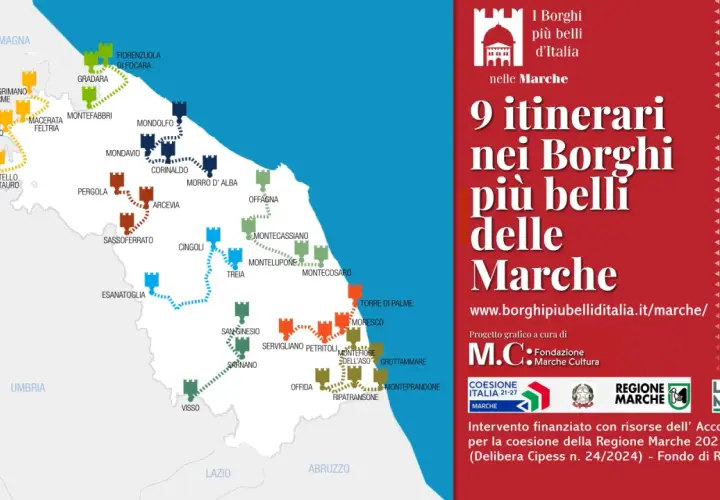 Mappa degli itinerari nei borghi più belli delle Marche, con castelli stilizzati che indicano le attrazioni.