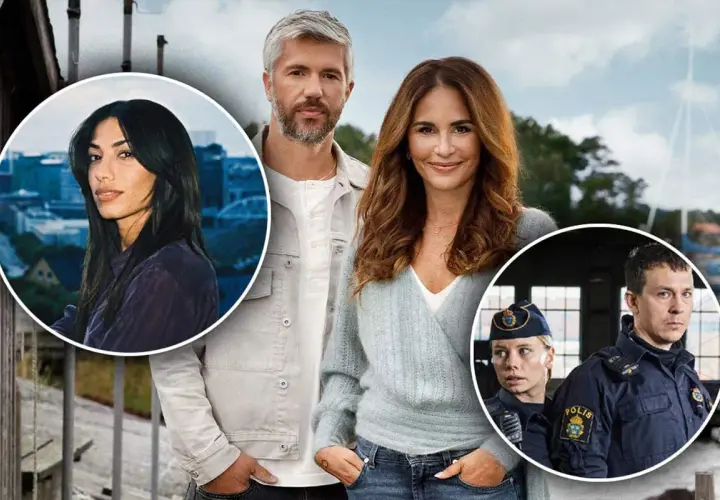 En kvinna med mörkt hår i en cirkel, ett par i mitten och två poliser i en cirkel. Reklam för svenska drama serier.