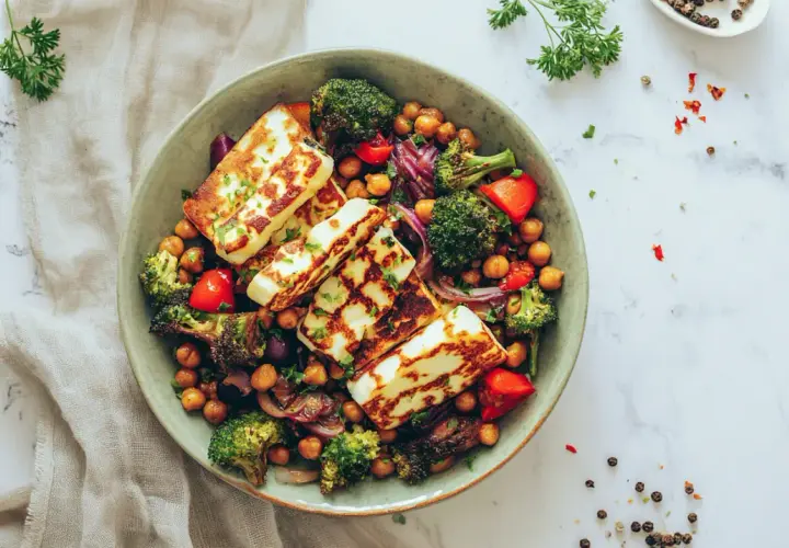 Miseczka pełna pyszności: pieczona ciecierzyca, chrupiący brokuł, papryka i grillowany ser halloumi.