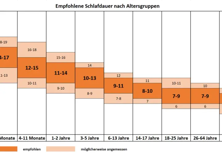 Empfohlene Schlafdauer nach Altersgruppen. Jüngere Kinder brauchen mehr Schlaf, während man im Alter weniger Schlaf benötigt. Die Grafik zeigt die Stunden.