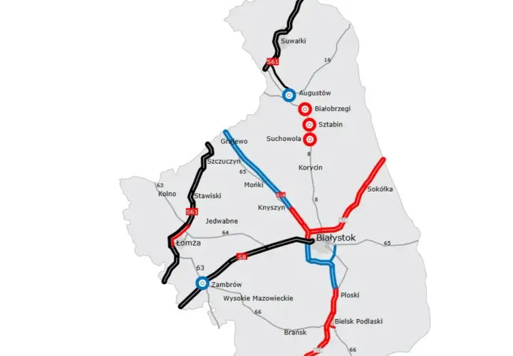 Mapa dróg S61 i S8, łączących Grajewo z Augustowem i Białymstokiem, z zaznaczonymi innymi miastami i drogami.