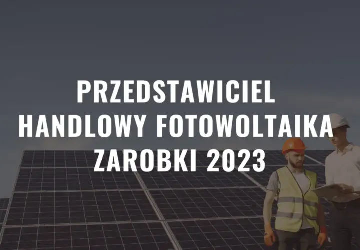 Dwóch mężczyzn w kaskach analizuje dokumenty na tle paneli fotowoltaicznych. Temat: ile zarabia przedstawiciel fotowoltaiki w 2023 roku.