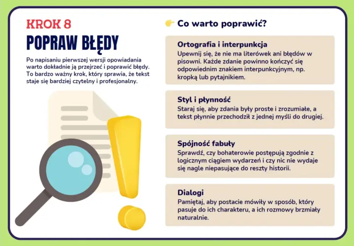 Krok 8: Popraw błędy w opowiadaniu. Lupa i wykrzyknik symbolizują poprawki, by tekst był czytelny.