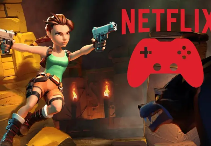 Lara Croft w akcji, gotowa na nowe przygody w grach na Netflix. Czerwony kontroler i logo Netflix zapowiadają emocje.