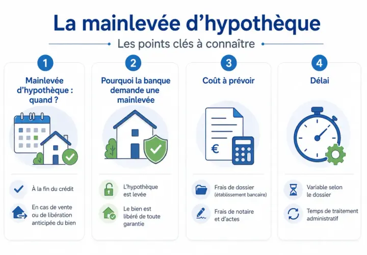 Infographie expliquant la mainlevée d'hypothèque : quand elle intervient, pourquoi la banque la demande, son coût et le délai.