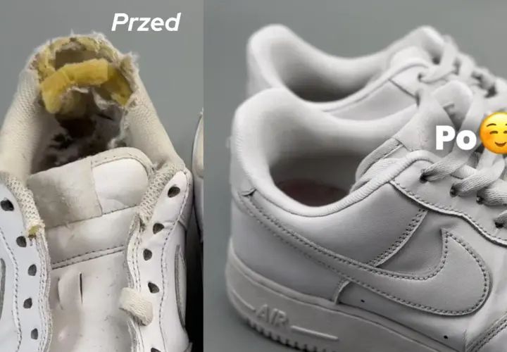 Zniszczone buty z dziurami w piętach po lewej, odnowione i lśniące po prawej.