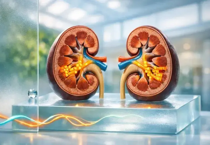 Przekrój nerek z widocznymi strukturami wewnętrznymi. Grafika może symbolizować problemy z gospodarką elektrolitową, np. nadmiar potasu objawy.