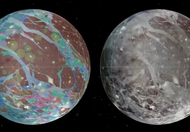 Ganymede, największy księżyc Jowisza, ukazany w dwóch wersjach: z kolorową mapą geologiczną i w naturalnych barwach.