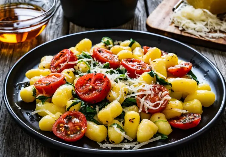 Pyszne gnocchi szpinakowe z pomidorkami koktajlowymi i parmezanem na drewnianym stole.