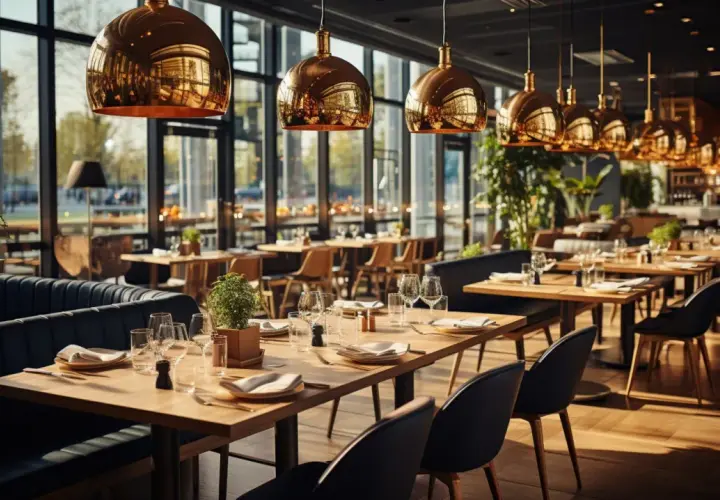Eleganckie wnętrze restauracji w Opolu, z rzędami nakrytych stołów i miedzianymi lampami. Idealne miejsce na romantyczną kolację.