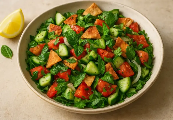 En skål med en fräsch fattoush-sallad med tomater, gurka, mynta, persilja och krispiga pitabröd. En citronklyfta ligger bredvid.
