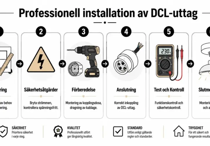 Steg-för-steg-guide för professionell installation av DCL-uttag, från planering till slutmontering av en ojordad lampa i jordat uttag.