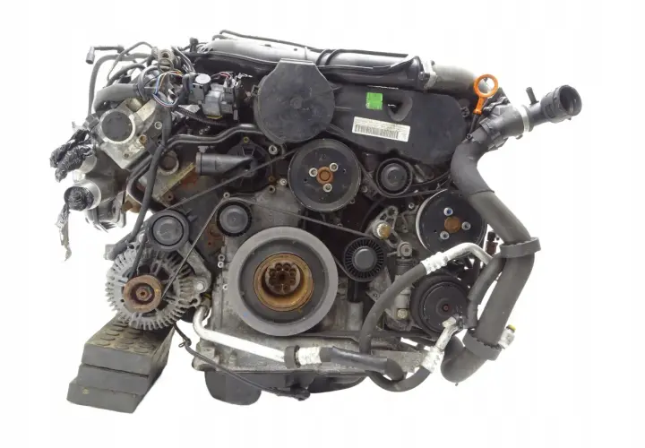 Silnik audi 3.0 tdi z widocznymi paskami, kołami pasowymi i przewodami.