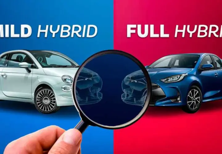 Confronto tra un'auto mild hybrid bianca e una full hybrid blu, analizzate da una lente d'ingrandimento.