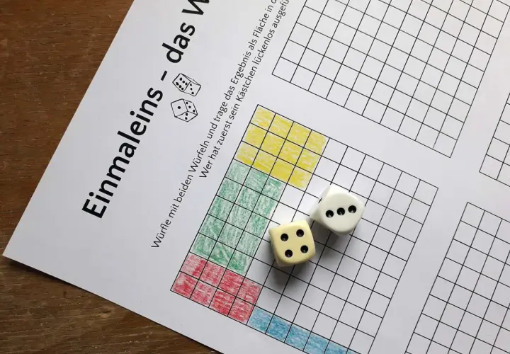 Einmaleins-Spiel: Würfel zeigen Zahlen für das Ausfüllen von Kästchen. Wer füllt zuerst lückenlos aus?