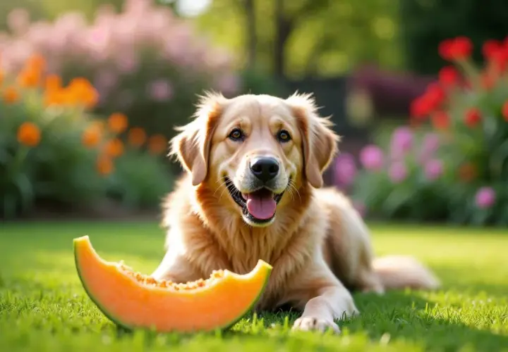 Złoty retriever leży na trawie obok kawałka melona. Czy pies może jeść melona? Ten słodki przysmak jest bezpieczny dla psów w umiarkowanych ilościach.