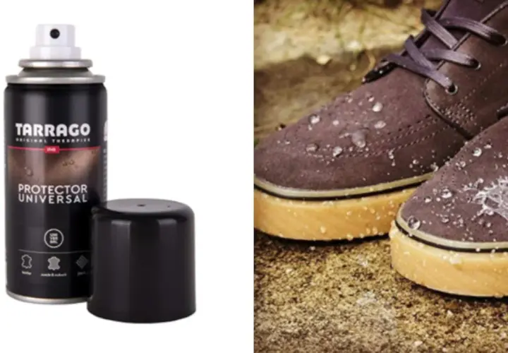 Protector Tarrago para limpiar zapatos piel. Muestra un spray y unos zapatos con gotas de agua.