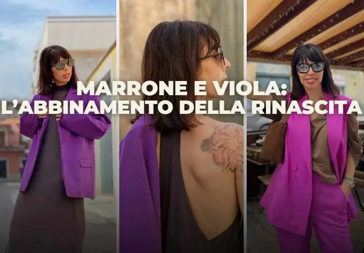 Donna con abito viola e marrone, un abbinamento che esce dalla routine.