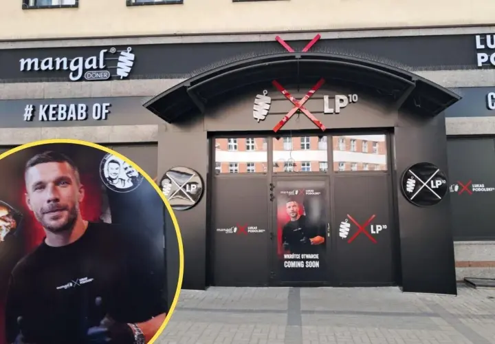 Lukas Podolski zaprasza do swojego lokalu z kebabem. Na fasadzie widnieje logo "LP10" i napis "# KEBAB OF".