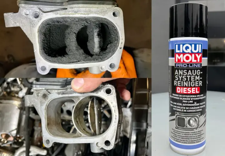 Przed i po czyszczeniu kolektora dolotowego silnika diesla. Puszka Liqui Moly płukanka do silnika diesel.