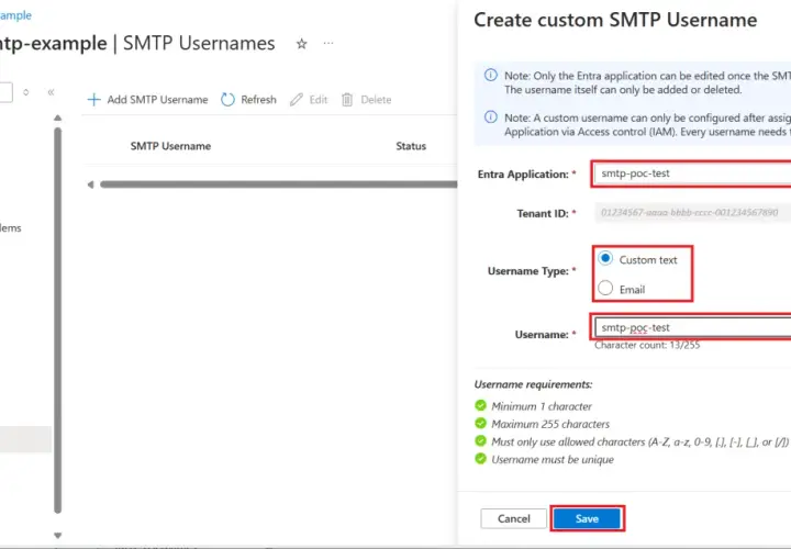 Création d'un nom d'utilisateur SMTP personnalisé pour l'application Entra "smtp-poc-test" dans Azure.