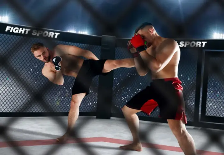 Dwóch zawodników MMA w klatce. Jeden wykonuje kopnięcie, drugi blokuje cios rękawicą.