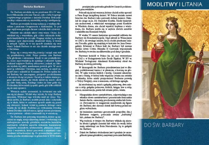 Święta Barbara w zielonej sukni z koroną na głowie, trzymająca kielich i miecz.